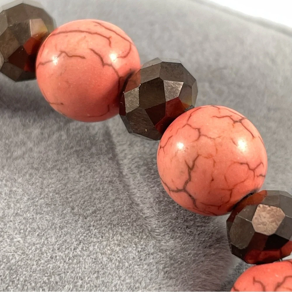 Erimish Coral Pink Crackle Round Brown Faceted Beaded Stretch Bracelet